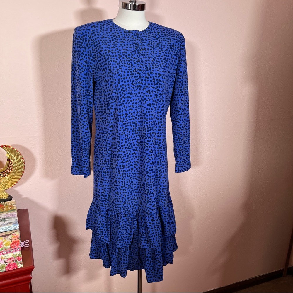 Vintage 80 90 Retro Liz Claiborne Blue Abstract Polkadots TuTu Drop Waist Dress